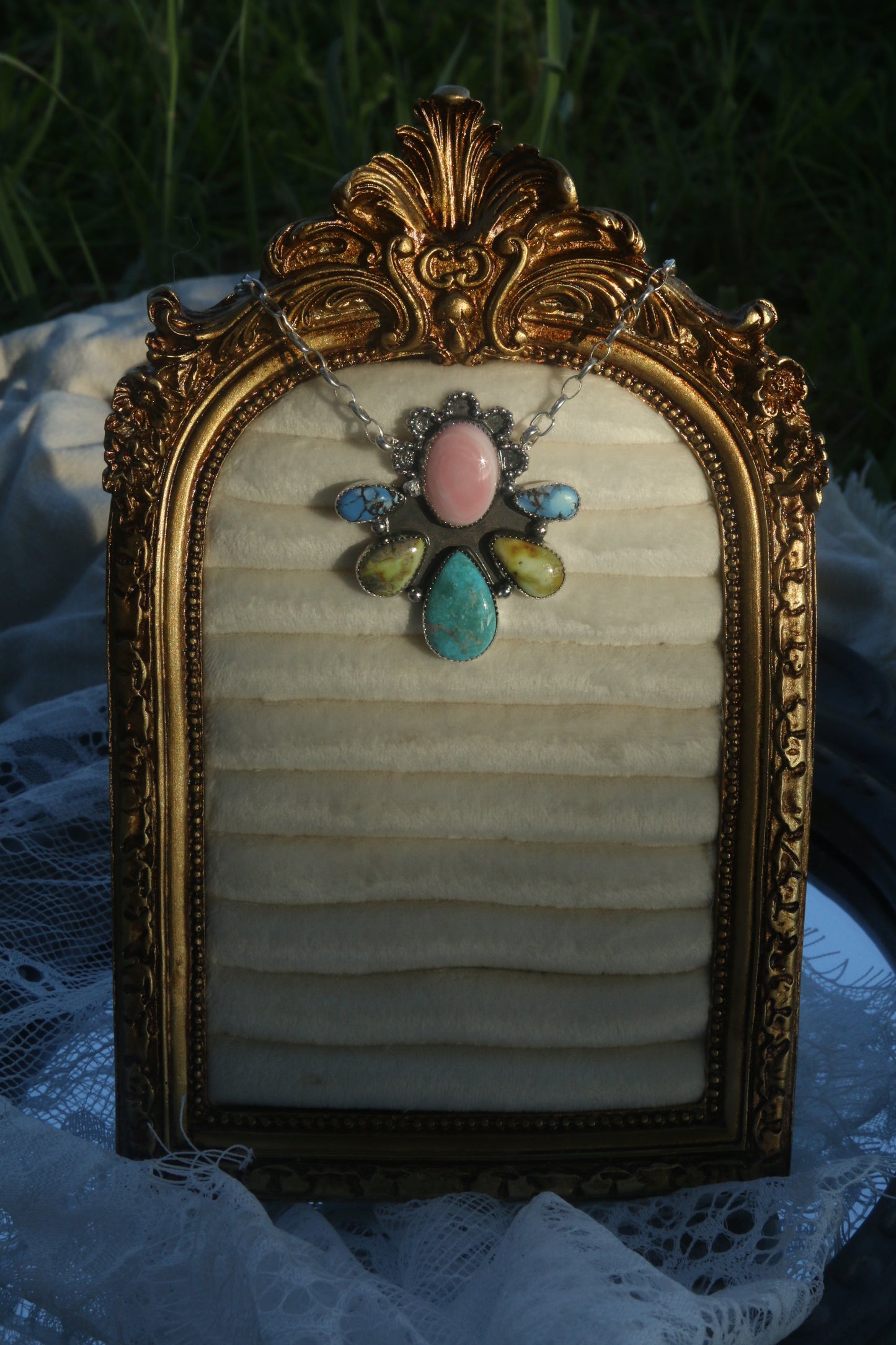 Mixed stone cluster necklace